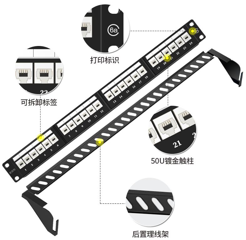 MC2805-624(六類網(wǎng)絡款24口)細節(jié)展示50u鍍金，可拆卸標簽等