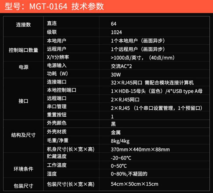 MGT-0164 麥森特1遠程1本地64口數字矩陣式KVM規格參數